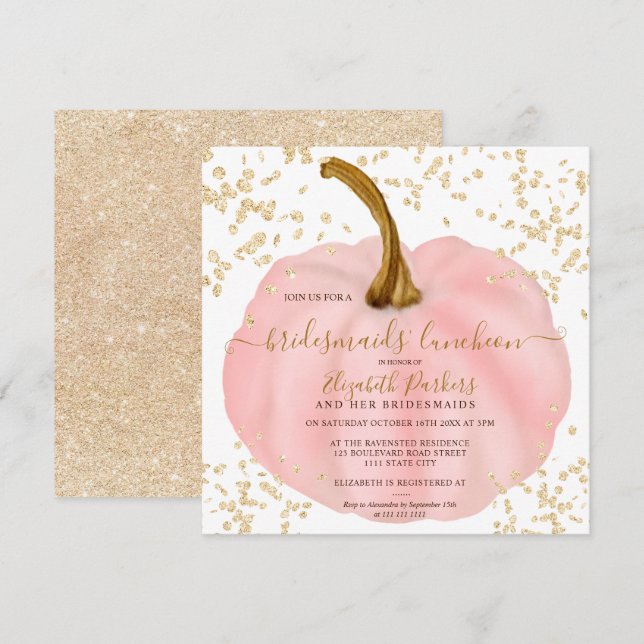 Gold glitter pink pumpkin watercolor luncheon invitation (Front/Back)