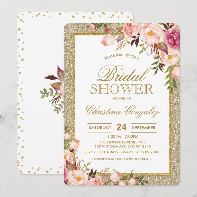 Gold Glitter Pink Rose Floral Bridal Shower Invite (Front/Back)