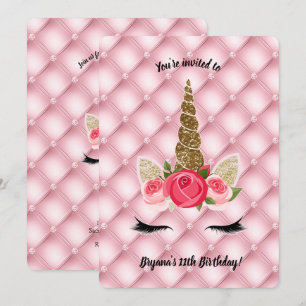 Gold Glitter & Pink Roses Unicorn Birthday Party Invitation