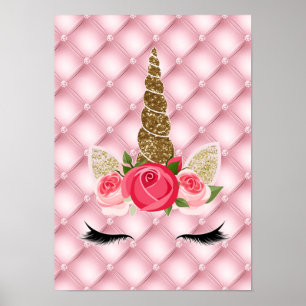 Gold Glitter & Pink Roses Unicorn Birthday Party Poster