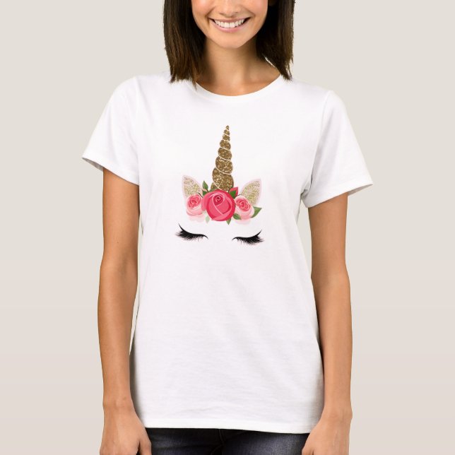 Gold Glitter & Pink Roses Unicorn Cute Trendy T-Shirt (Front)