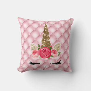 Gold Glitter & Pink Roses Unicorn Girl Trendy Throw Pillow