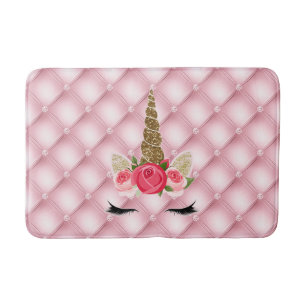Gold Glitter & Pink Roses Unicorn Trendy Cute Bath Mat