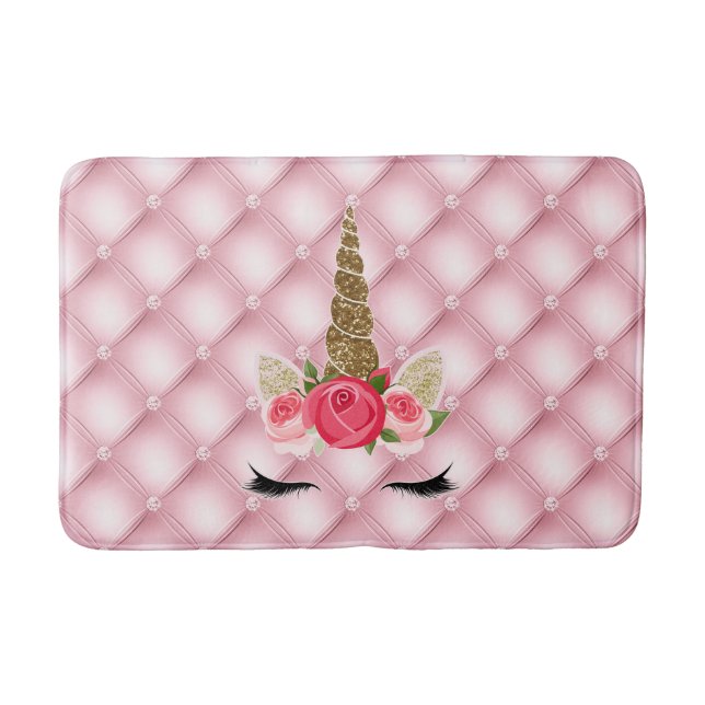Gold Glitter & Pink Roses Unicorn Trendy Cute Bath Mat (Front)
