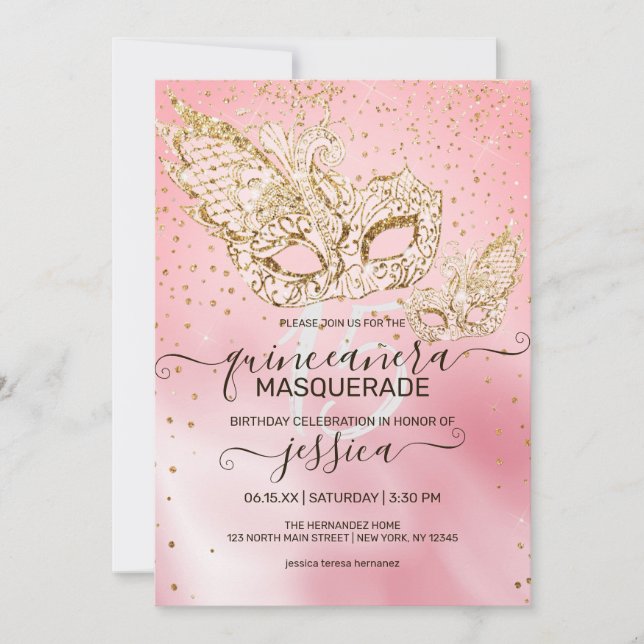 Gold Glitter Pink Silk Masquerade Quinceañera Invitation (Front)