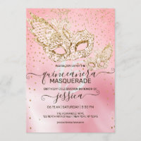 Gold Glitter Pink Silk Masquerade Quinceañera