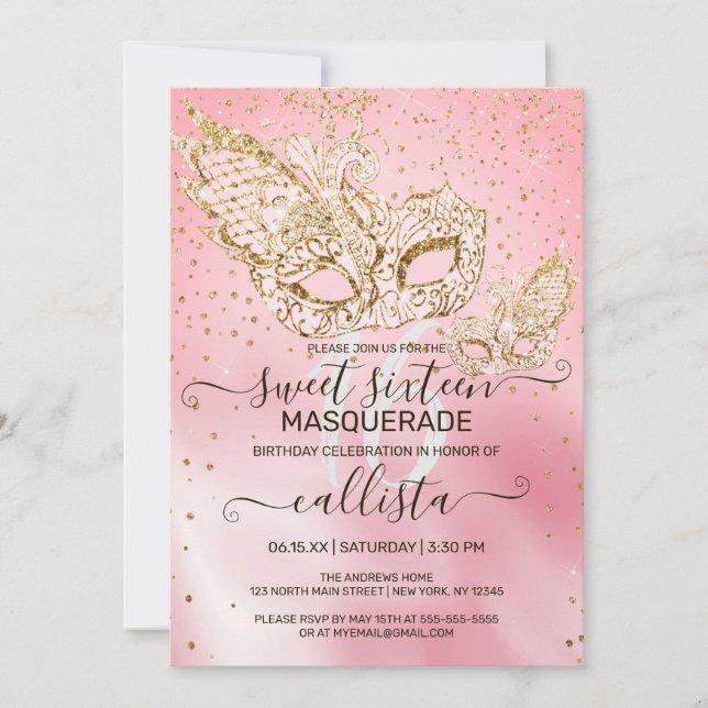 Gold Glitter Pink Silk Masquerade Sweet 16 Invitation (Front)