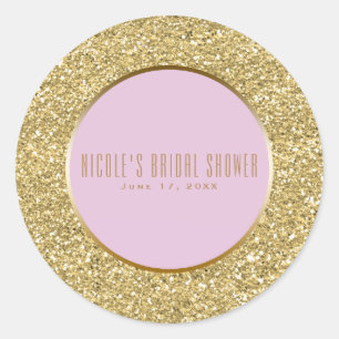 Gold Glitter + Pink Sparkle Glam Wedding Favour Classic Round Sticker