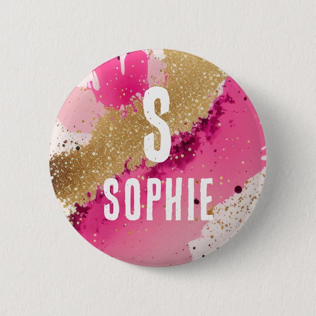 Gold Glitter Pink Splatter Monogram Personalized 2 Inch Round Button (Front)