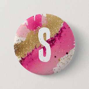 Gold Glitter Pink Splatter Monogram Personalized 2 Inch Round Button