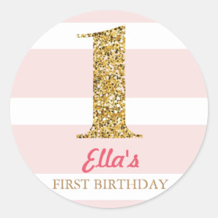 Gold Glitter & Pink Stripe First Birthday Stickers