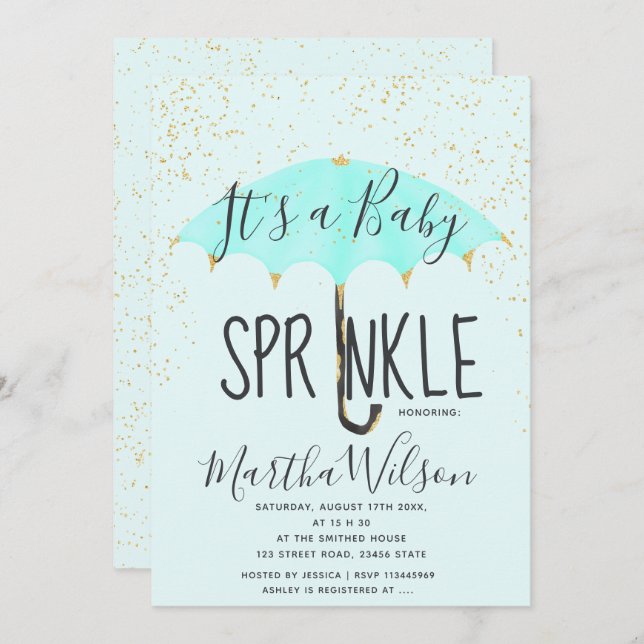 Gold glitter pink umbrella chic baby sprinkle invitation (Front/Back)