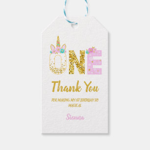 Gold Glitter Pink Unicorn 1st Birthday Gift Tags