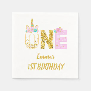 Gold Glitter Pink Unicorn 1st Birthday Napkin