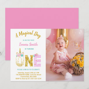 Gold Glitter Pink Unicorn 1st Birthday Photo Invitation