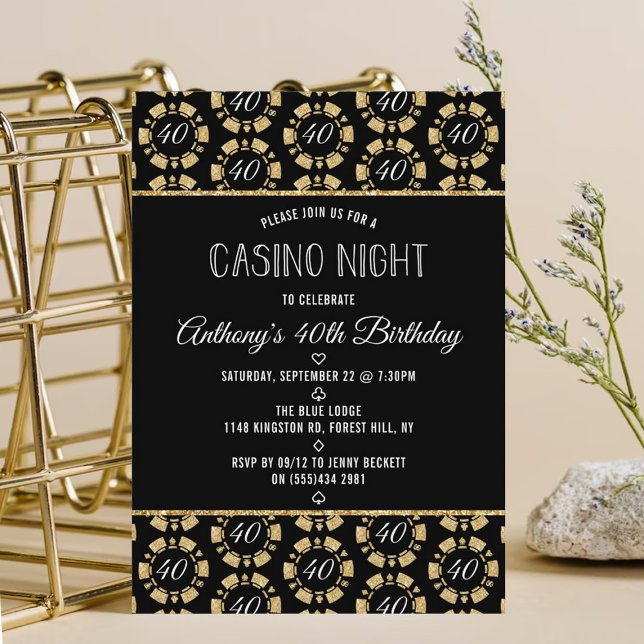 Gold Glitter Poker Chip Casino Night Party Invitation (Creator Uploaded)