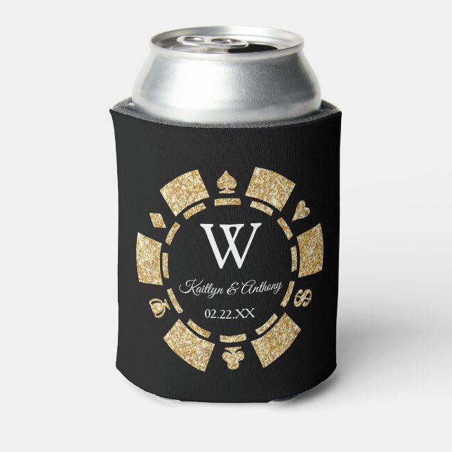 Gold Glitter Poker Chip Casino Wedding Can Cooler (Can Back)