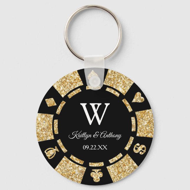 Gold Glitter Poker Chip Casino Wedding Party Favou Keychain (Front)