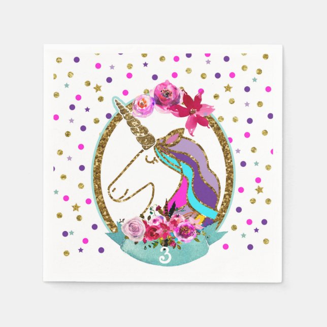 Gold Glitter Polka Dots Unicorn Birthday Party Napkin (Front)