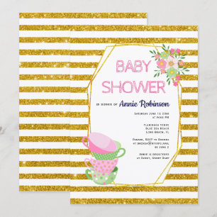 Gold glitter polygon, tea cups floral baby shower invitation