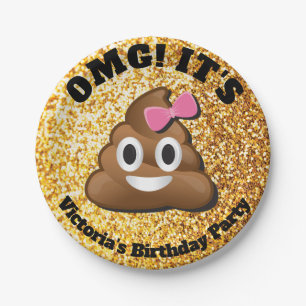 Gold Glitter Poop Emoji Girl Paper Plates