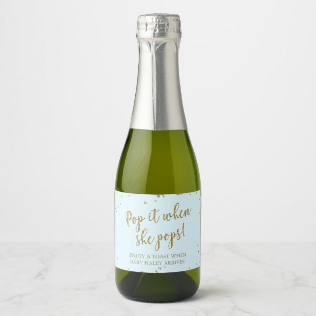 Gold Glitter Pop It When She Pops Baby Shower Sparkling Wine Label (Front)