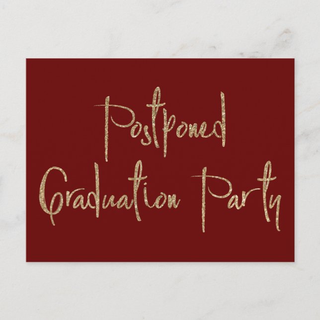 Gold Glitter Postponed Graduation Party Burgundy Postcard (Front)