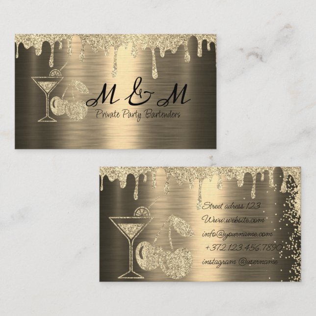 Gold Glitter Private Party Bartender Business Card (Front/Back)