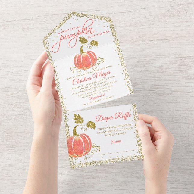 Gold Glitter Pumpkin Baby Shower Diaper Raffle All In One Invitation (Tearaway)