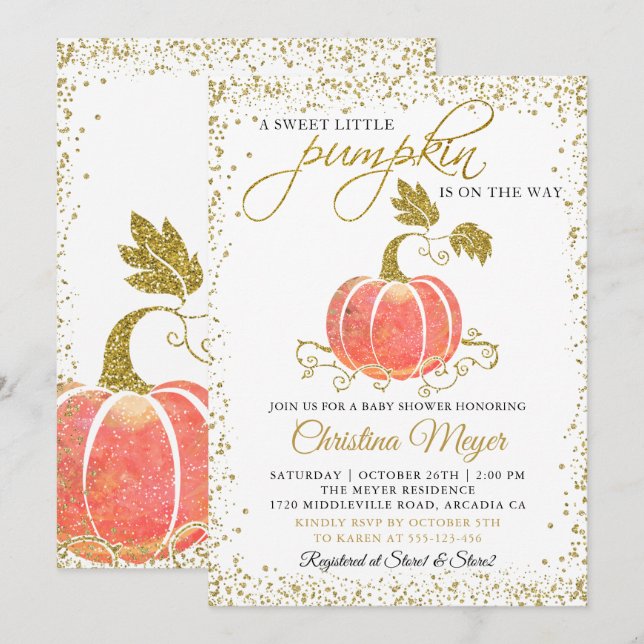 Gold Glitter Pumpkin Gender Neutral Baby Shower Invitation (Front/Back)