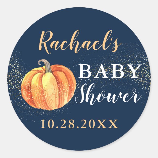 Gold Glitter Pumpkin Navy Blue Baby Shower Classic Round Sticker (Front)