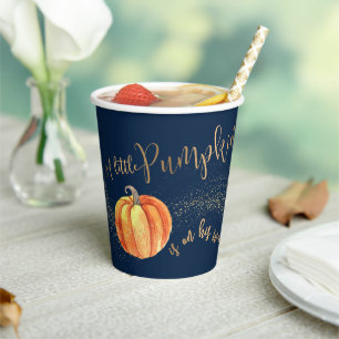 Gold Glitter Pumpkin Navy Blue Boy Baby Shower Paper Cups