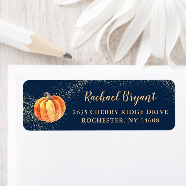 Gold Glitter Pumpkin Navy Blue Fall Return Address (Insitu)