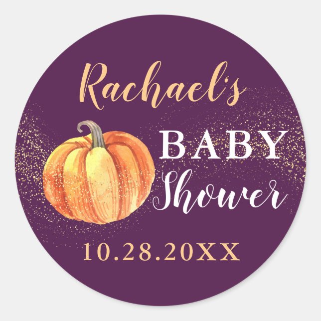 Gold Glitter Pumpkin Purple Baby Shower Classic Round Sticker (Front)