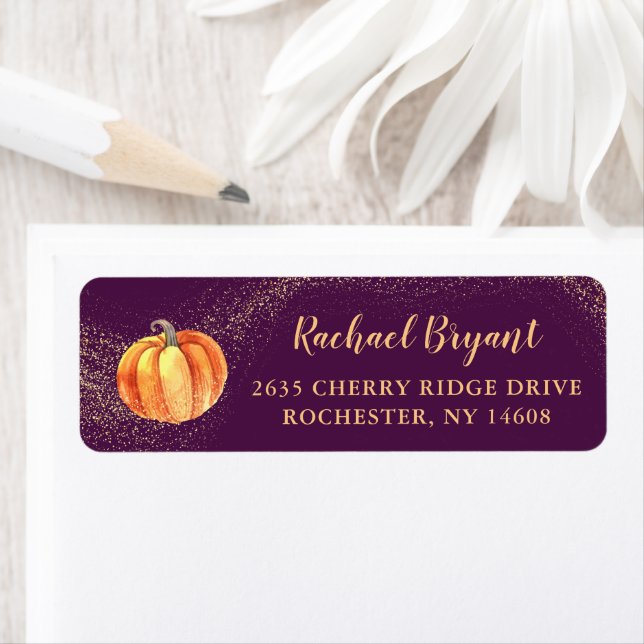 Gold Glitter Pumpkin Purple Fall Return Address (Insitu)