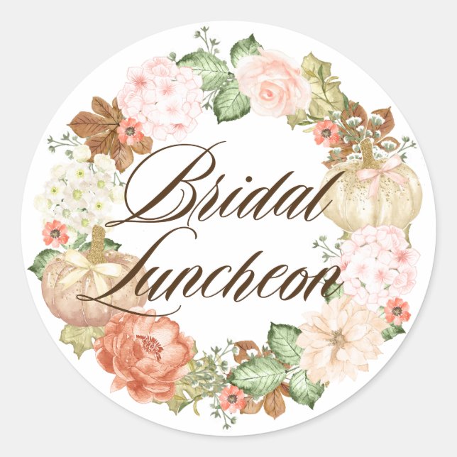 Gold Glitter Pumpkins Wreath Fall Bridal Luncheon Classic Round Sticker (Front)