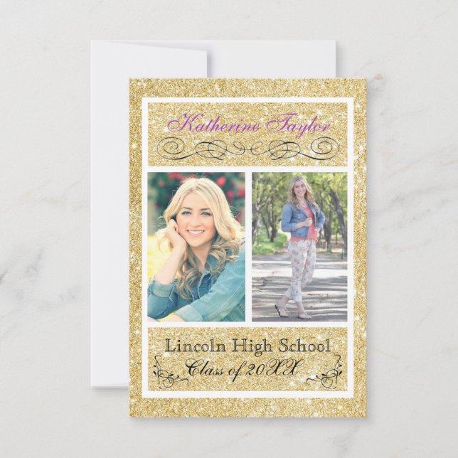 Gold Glitter Purple 3x5 Grad Announcement (Front)