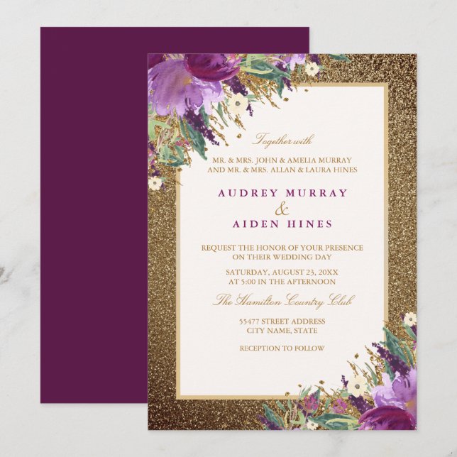 Gold Glitter Purple Amethyst Floral Wedding Invitation (Front/Back)