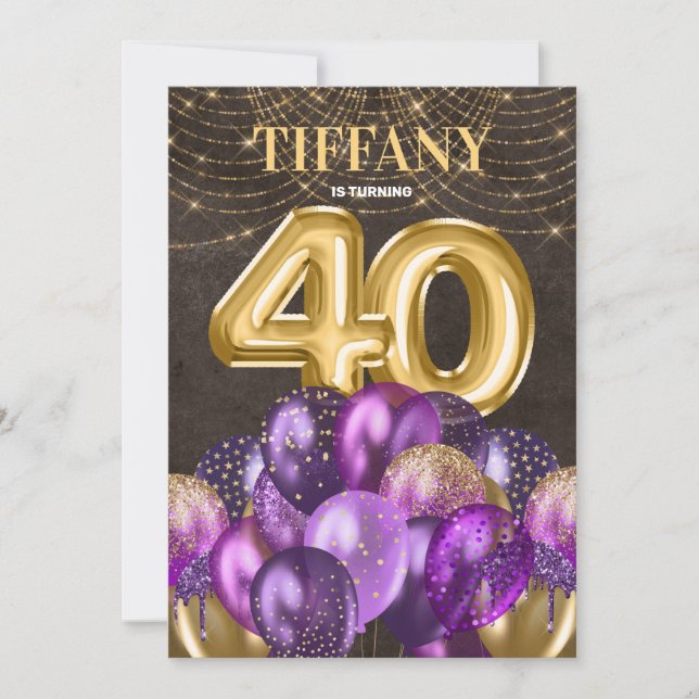 Gold Glitter Purple Balloons 40th Birthday Party Invitation (Front)