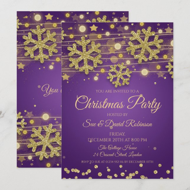 Gold Glitter Purple Christmas Holiday Party Invitation (Front/Back)
