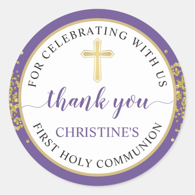 Gold Glitter Purple First Communion Thank You Classic Round Sticker (Front)