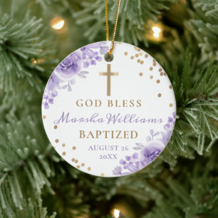 Gold Glitter Purple Floral Girl Baptism Photo Ceramic Ornament