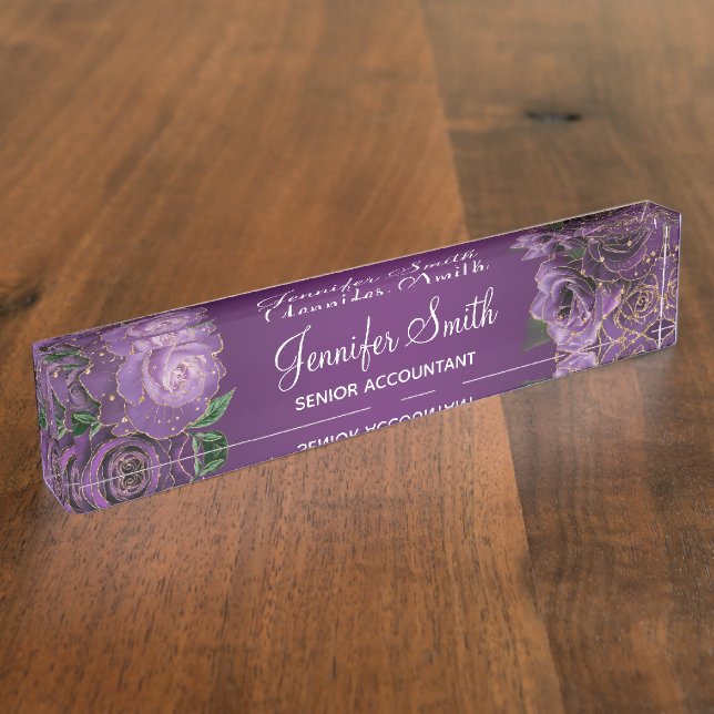 Gold Glitter Purple Glam Roses Nameplate (Side)