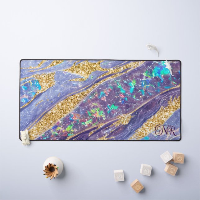  Gold Glitter Purple Holographic Opal & Marble Desk Mat (Kids Table)