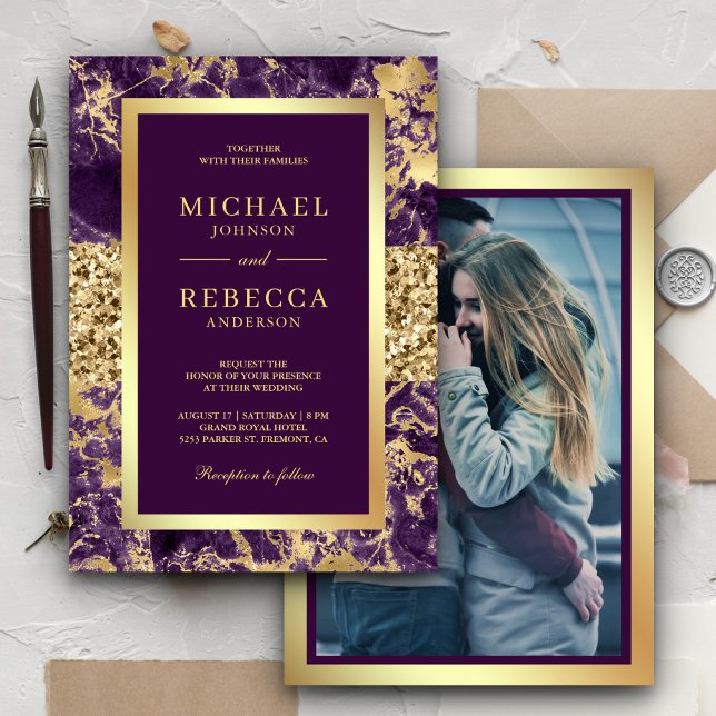 Gold Glitter Purple Marble Photo Wedding Invitation (Creator Uploaded)