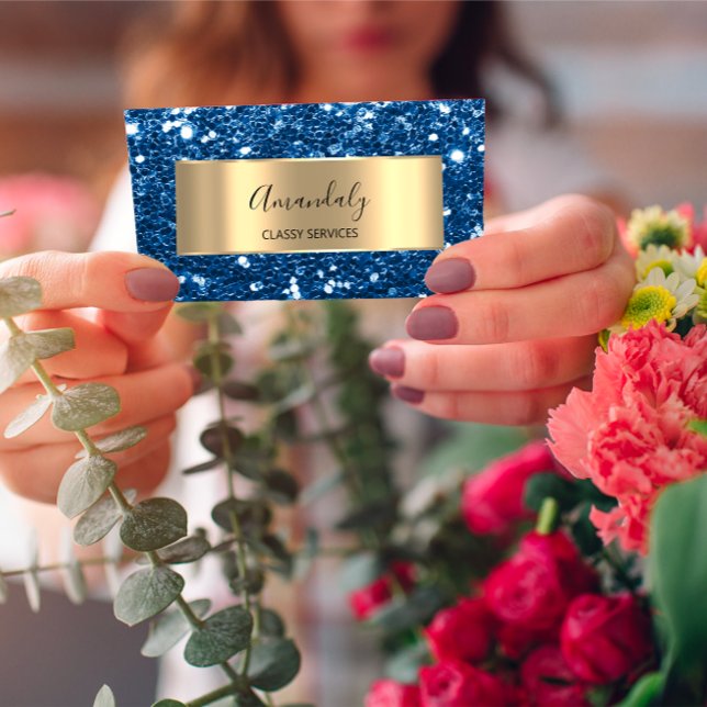 Gold  Glitter QR Code Logo Beauty Glam Blue Beauty Business Card (Gold Glitter QR Code Logo Beauty Glam Blue Beauty Business Card)