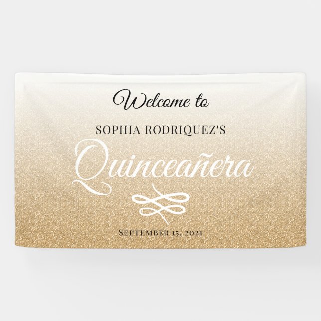 Gold Glitter Quinceañera 15th Birthday Welcome Banner (Horizontal)