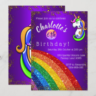 Gold Glitter Rainbow Purple Unicorn Birthday Invitation
