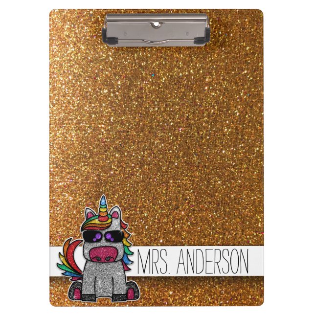 Gold Glitter Rainbow Unicorn Teachers Classroom Clipboard (Front)