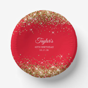 Gold Glitter Red 40th Birthday Paper Plate